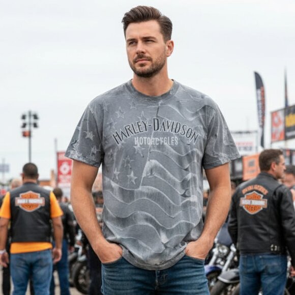 Harley Davidson T-Shirt Men's Large Vintage 90s USA Flag AOP Gray Single Stitch - Picture 2 of 12